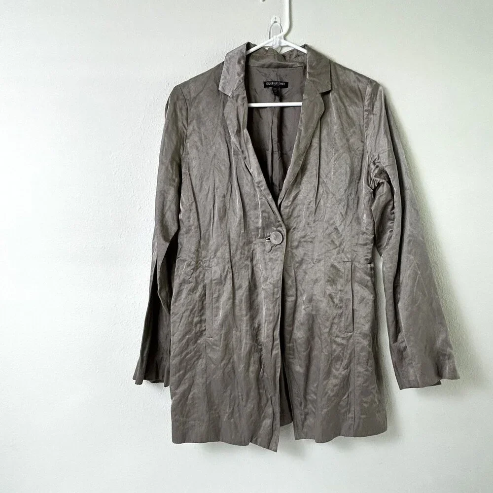 Eileen Fisher Blazer Petite‎ S PS Gray Taupe Crinkle Metallic Pockets - Flaw